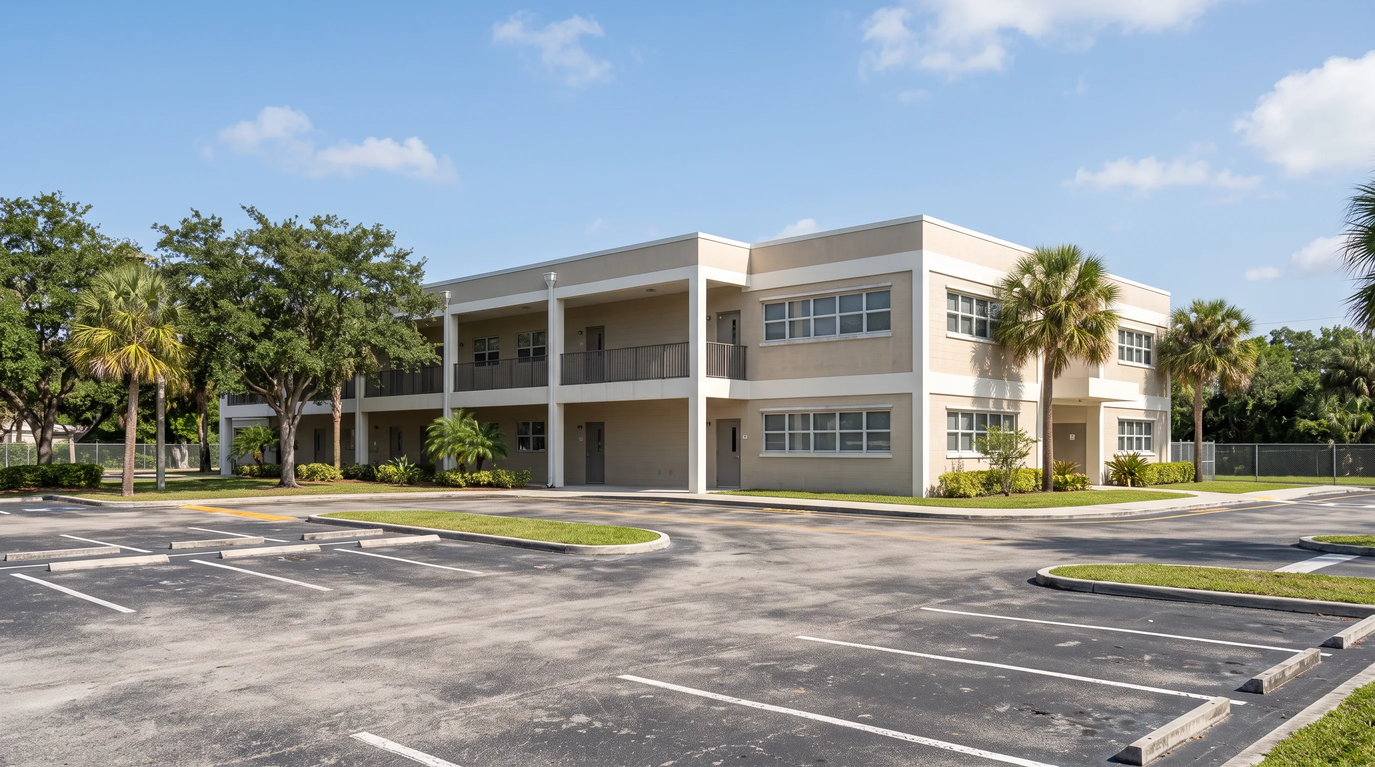 Small school building with a covered walkway along an empty grounds edge