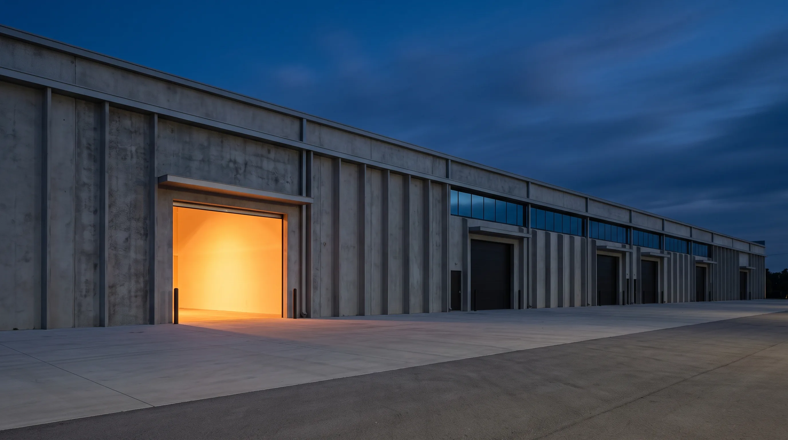 Tilt-up warehouse elevation at dusk with one lit loading bay over an empty apron