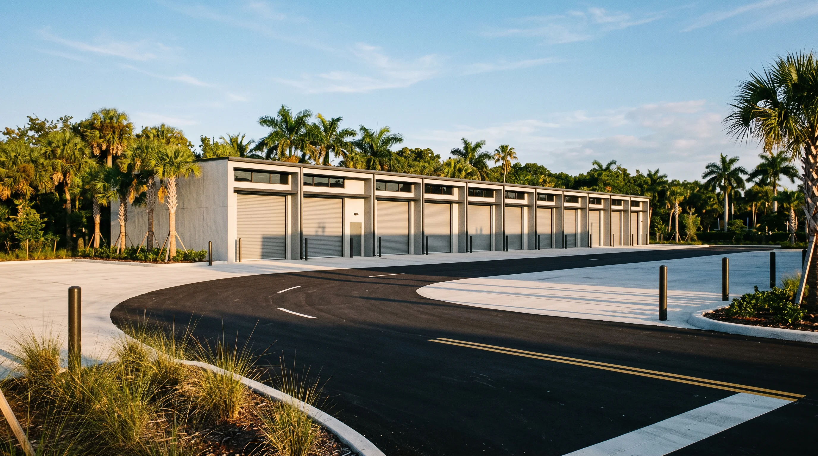 Flex industrial frontage of sealed roll-up doors along an empty concrete apron