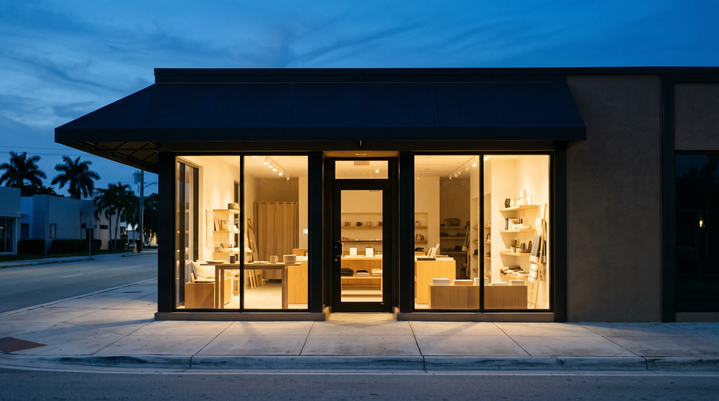 Retail frontage at dusk with an unbranded interior glow over an empty sidewalk